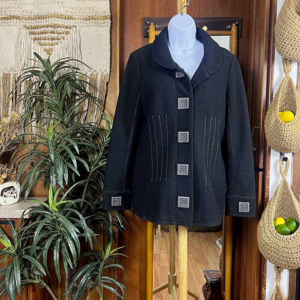 Icelandic Design 100% Wool Coat M | Black Scandi Minimalist Snap Front Jacket